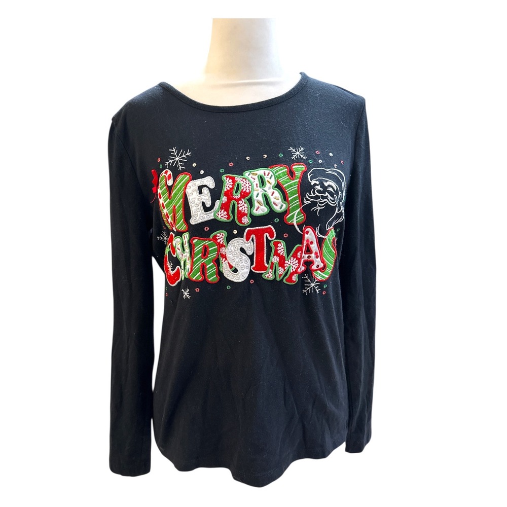 Kim Rogers Petite Merry Christmas Santa Sequin Long Sleeve Top Black PS